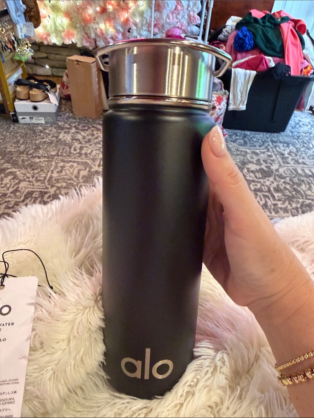 ALO Yoga Black and Silver Stainless Water Bottle